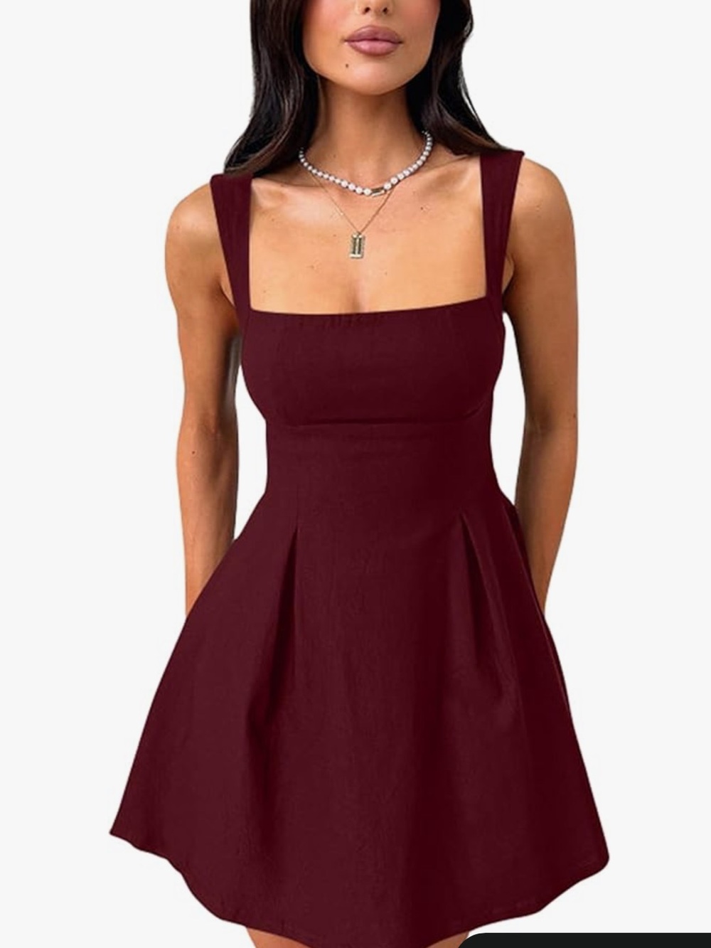 Sleeveless Square Neck A-Line Dress in Burgundy